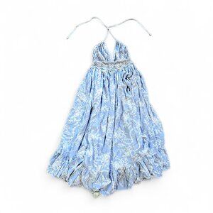 Size XS JAASE Maxi Dress Sleeveless Ruffle Hem Halter Boho Crochet  Floral Blue